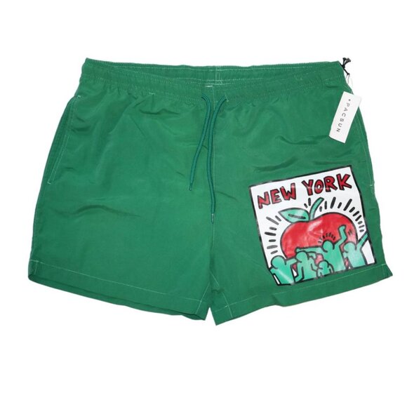 NEW Pacsun Men's Keith Haring New York Green Swim Trunks Shorts Large Drawstring - Picture 1 of 6